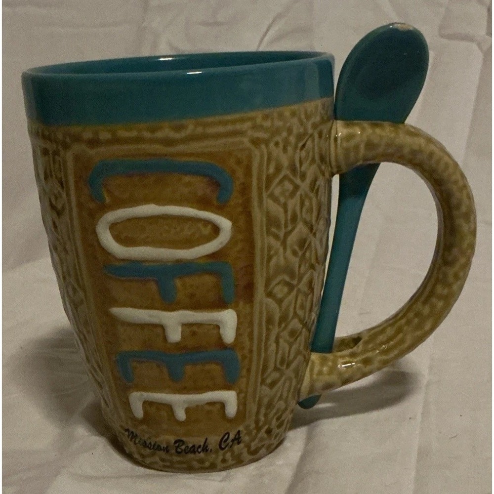 Hand Crafted Ceramic Coffee Mug 5" Tall With Spoon, Mission Beach, CA,